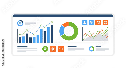 Dashboard displaying charts, graphs, and icons representing data analytics and business performance metrics.
