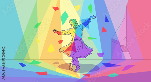 Colorful illustration of a dancer with vibrant geometric shapes in a spectrum backdrop
