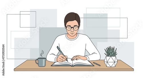 Concentrated young man writing in a notebook at his desk with a steaming mug and a plant while