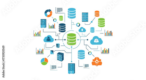 Abstract network visualization of a centralized data warehouse for big data processing, cloud computing, and business analytics