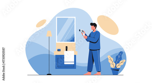 Conceptual illustration of a man taking his temperature at home amid a pandemic era