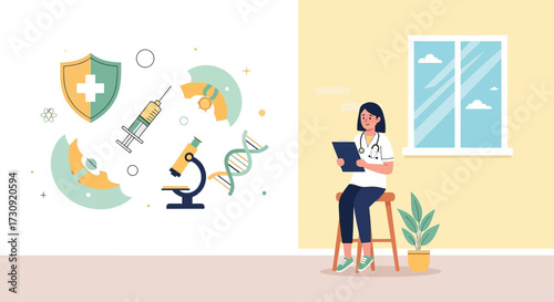 Conceptual illustration of healthcare with a medical professional reviewing records and laboratory