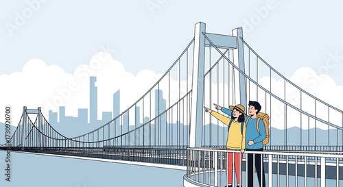 Couple enjoying sightseeing under a modern bridge with city views and fresh air vacation travel
