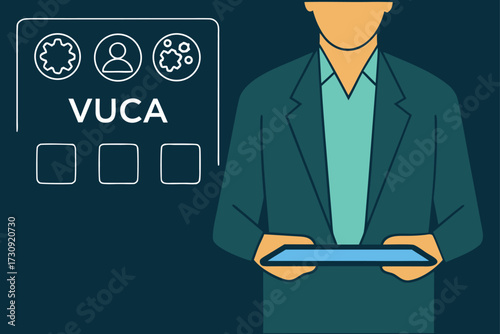 Person holding tablet with VUCA acronym and icons on dark background VUCA volatility