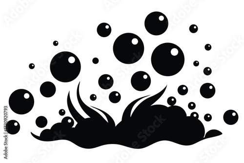 Black silhouette illustration of rising bubbles above a foam with curved accents