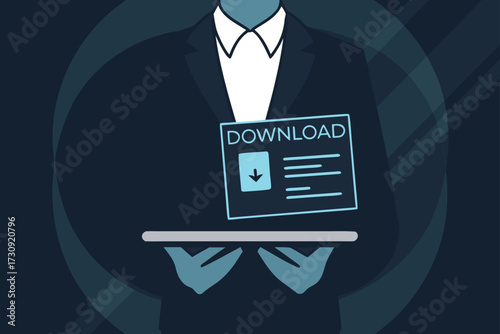 Person in Suit Holding Download Document on a Tablet file
