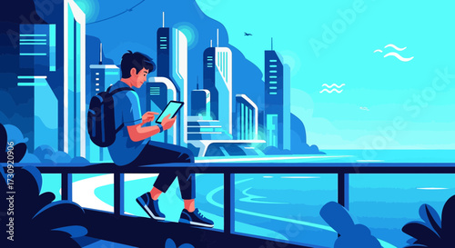 Digital nomad working in futuristic city with tablet and backpack enjoying modern life illustration