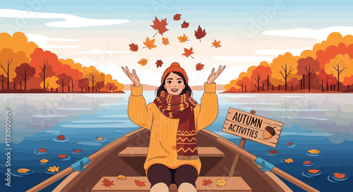 A cheerful woman enjoying autumn by tossing leaves on a serene lake in a boat