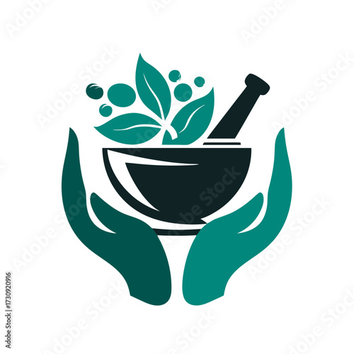 Abstract hands holding a mortar and pestle with herbal leaves, symbolizing natural medicine, holistic healing, and organic wellness.
