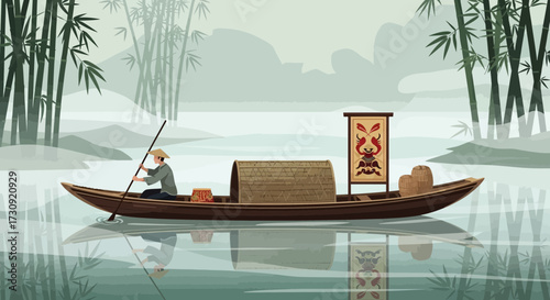Serene journey: traditional boatman navigates misty river in the orient illustration