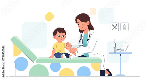 Doctor administering vaccine to child patient at clinic showing healthcare process and