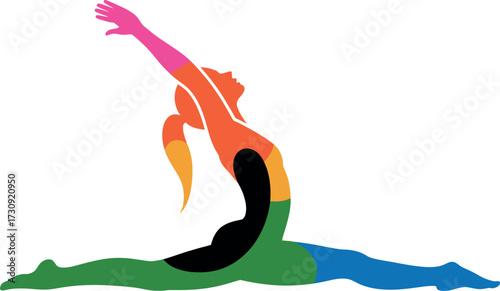 Graceful gymnast in vibrant colors performs a split leap with outstretched arms