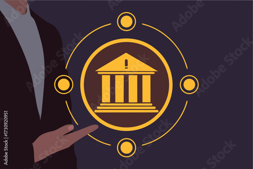 Person Presenting Bank Building Icon with Network Circles financial institution