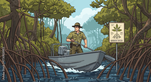 Ranger patrolling the serene mangrove ecosystem in a small boat illustration