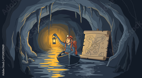 Illustration of a brave explorer navigating an underground cavern in a boat