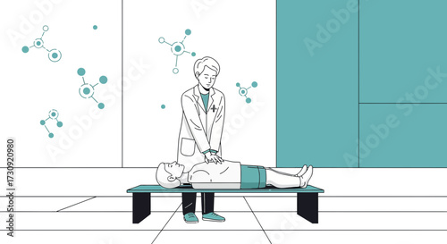 Doctor performing CPR on a patient in hospital setting with molecules background