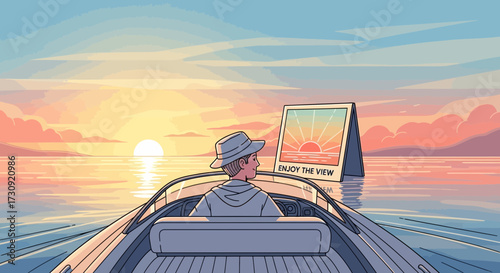 A serene boat ride at sunset, with a sign urging enjoyment of the view
