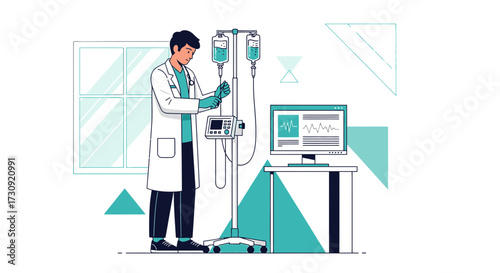 Doctor preparing iv drip in a modern medical environment with monitor displaying ekg