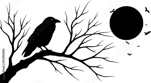 raven bird sitting on a bare tree branch with crescent moon outline - halloween scene black and white vector silhouette design set
