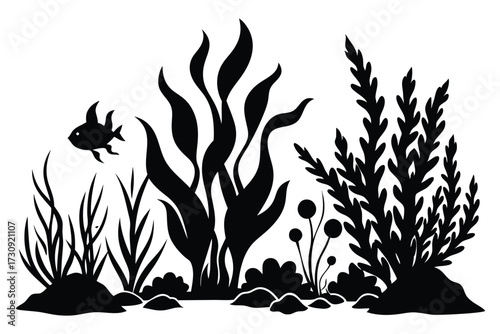 Silhouetted Underwater Scene Fish Swimming Amongst Seaweed, Grass, and Rocks in Black and White