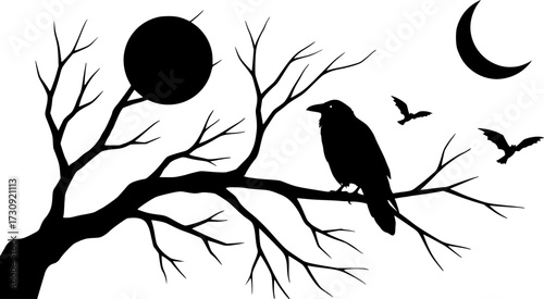raven bird sitting on a bare tree branch with crescent moon outline - halloween scene black and white vector silhouette design set
