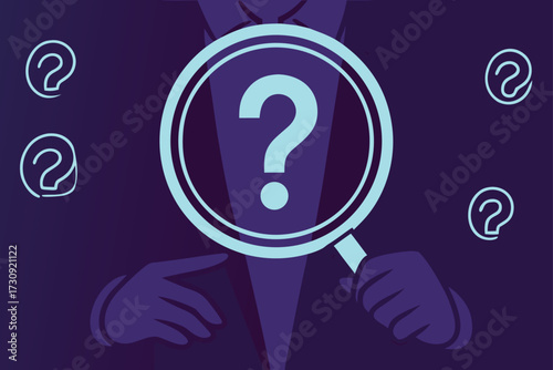 Person with Magnifying Glass Over Question Mark and Symbols mystery unknown