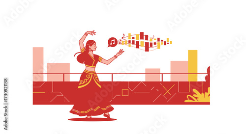 Elegant indian dancer expressing the rhythm of music with graceful movement and vibrant colors
