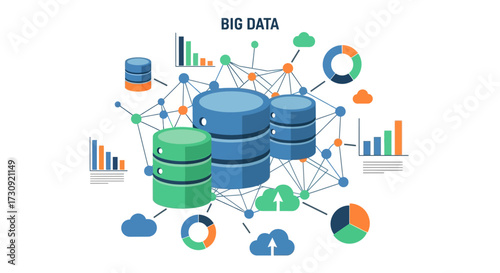 Conceptual visualization of big data management, analytics, and interconnected network systems, illustrating secure storage and efficient processing of vast digital information