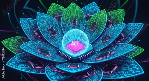 Enlightened AI Lotus A Glimmering Digital Flower with Central Intelligence, Symbolizing the Dawn of Advanced Technology and Holistic Innovation