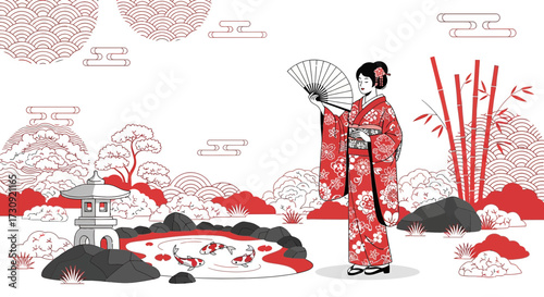 Elegant Japanese Woman in Kimono with Fan in Traditional Garden Illustration