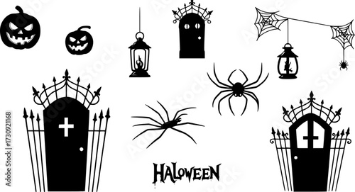 Vector collection of black silhouette halloween elements on white background

