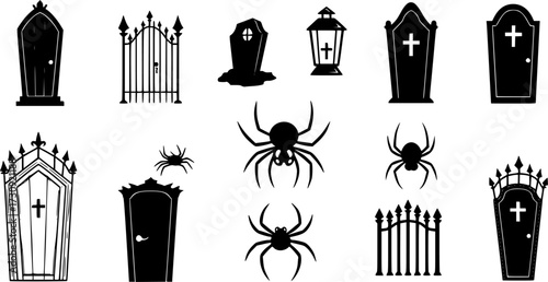 Vector collection of black silhouette halloween elements on white background
