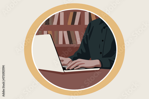 Person working on laptop in front of bookshelves in circular frame computer typing