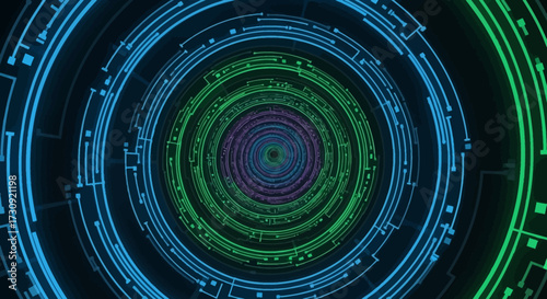 Vibrant, abstract, concentric digital circuit board rings in blue, green, and purple, creating a sense of depth and futuristic technology