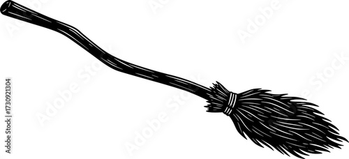 Old broomstick. Halloween which magic broom. Hand drawn black and white sketch style vector illustration.
