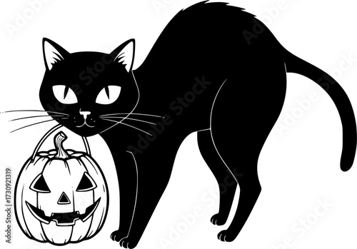 Black silhouette. Sitting black cat. Cute home animal. Cartoon character design. Flat vector illustration isolated on white background
