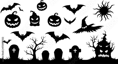 Vector collection of black silhouette halloween elements on white background
