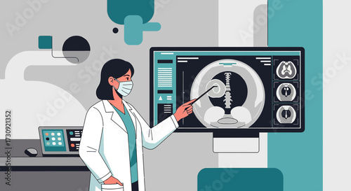 Female doctor wearing a mask pointing at an x-ray image on a computer screen in a hospital setting