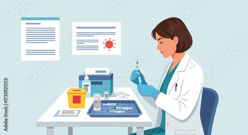 Female doctor preparing vaccine injection in clinic, healthcare and immunization campaign against