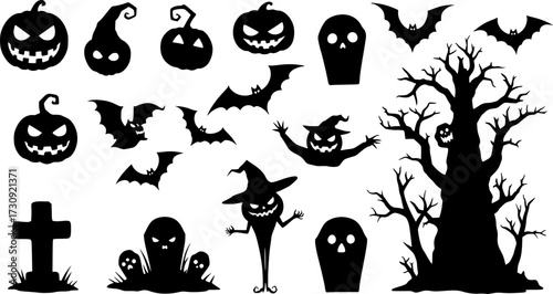 Vector collection of black silhouette halloween elements on white background

