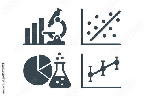 Set of four icons representing scientific research data analysis and laboratory experiments