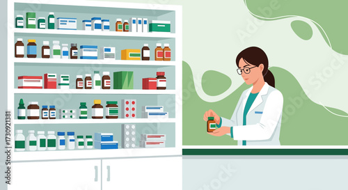 Female pharmacist holding medication with filled shelves at background in pharmacy