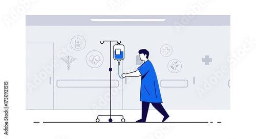 Flat vector illustration of a patient with iv drip in the hospital concept design representing