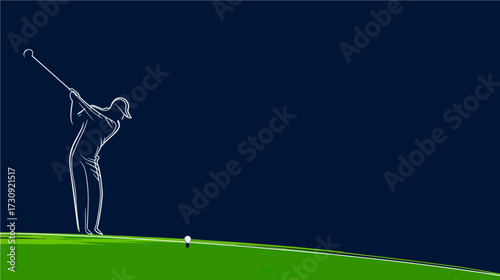 Golf player follows through on a swing against a simple dark background in a flat vector style design