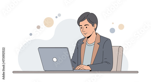 Focused professional illustration working remotely on a laptop in a modern office setting