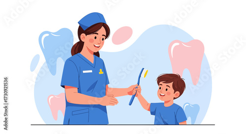 Friendly dentist showing a young boy how to brush his teeth properly for good oral health smiling