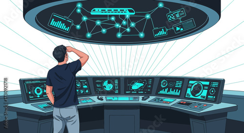 Futuristic transport control room with system operator analyzing complex data visualization