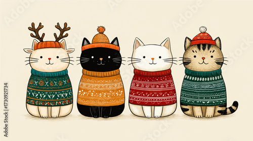 Four adorable cats sit together in warm sweaters and colorful hats, showcasing their unique personalities. This cheerful design captures a delightful winter moment filled with charm.