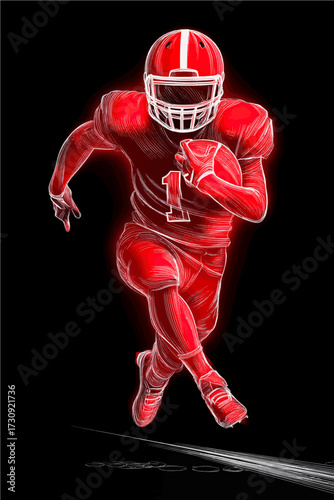 Dynamic football player sprinting with determination in a vibrant red uniform on a black background