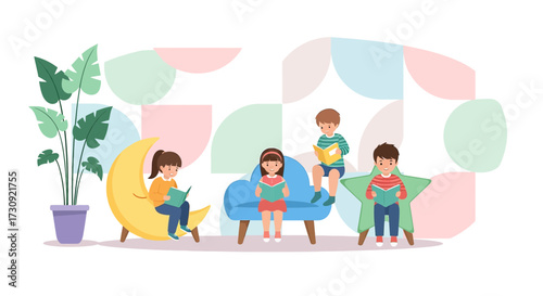 Group of children immersed in reading on unique furniture creates a joyful atmosphere